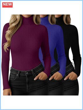 Womens Ribbed Turtleneck Sweaters 3 Pack Long Sleeve Slim Fit Pullover Tops
